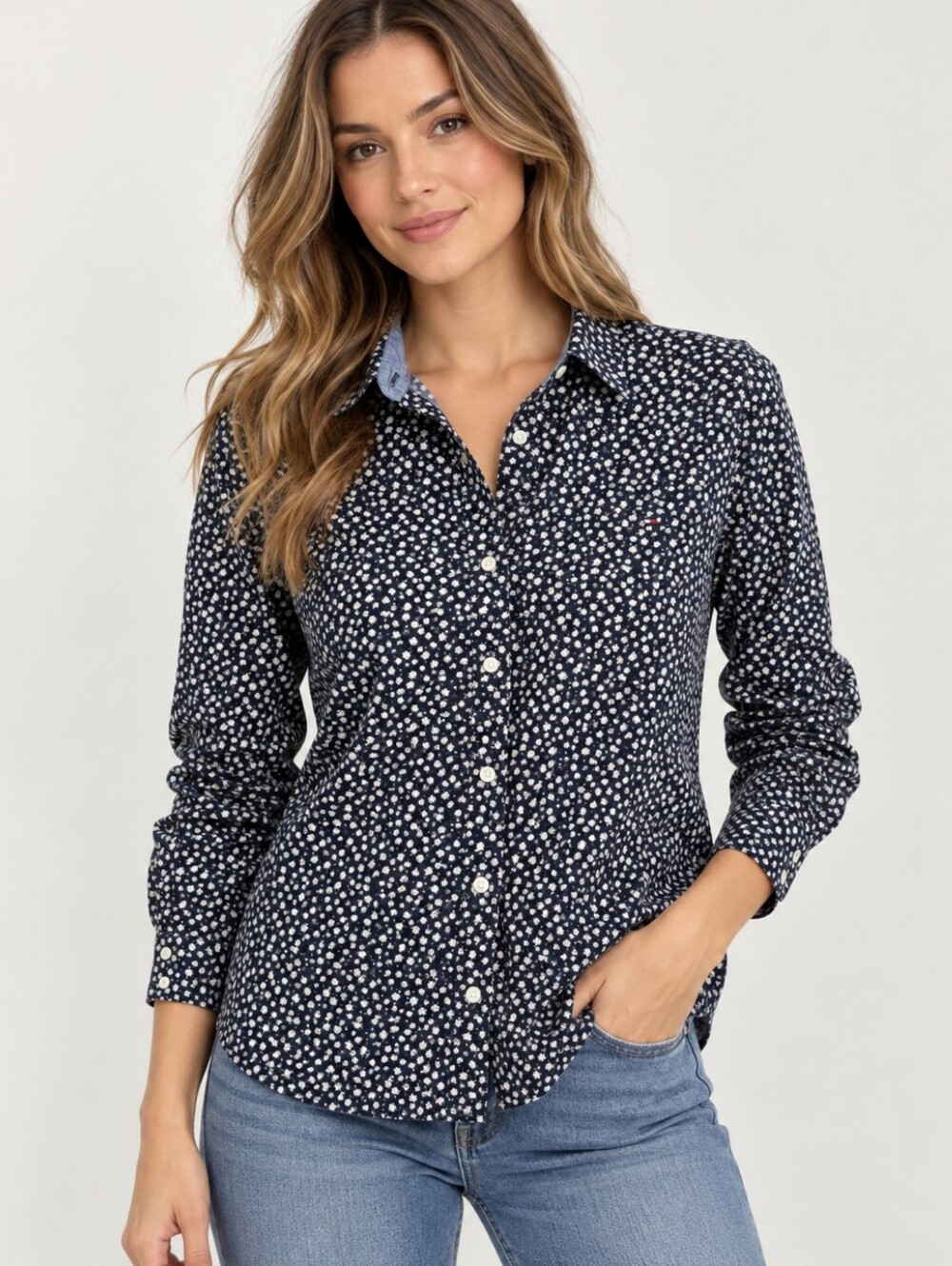 Tommy Hilfiger Navy and White Floral Button-Down Shirt